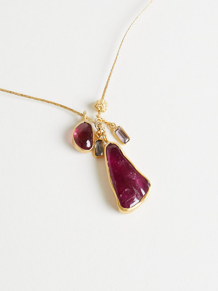 Pippa Small 18k Yellow Gold Cluster Necklace with Peppercorn, Pink Tourmaline & Spinel on Cord