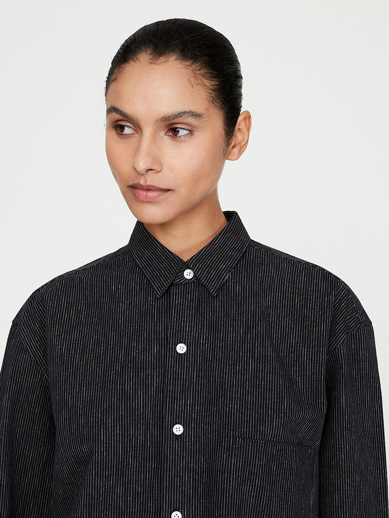 CristaSeya - Handmade Classic Collar Shirt in Black with White Stripes