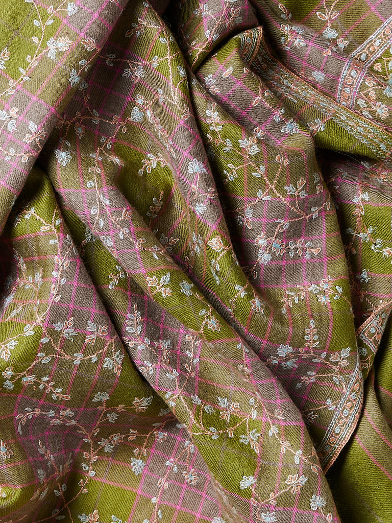 Yaser Shaw - Embroidered Pashmina Shawl in Swamp & Pink Check