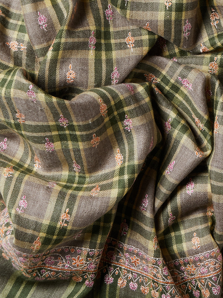 Yaser Shaw - Embroidered Pashmina Shawl in Lemon & Lime Check with Pink Details