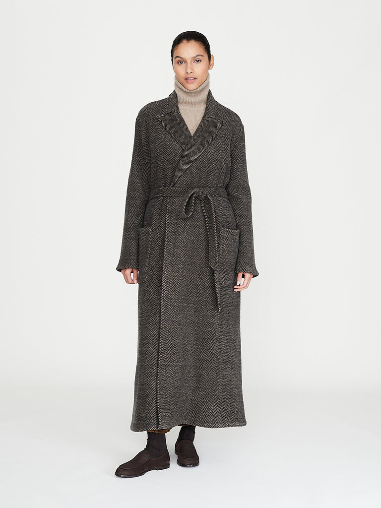 Dusan - Cashmere Jersey Long Coat with Patch Pocket in Herringbone Brown