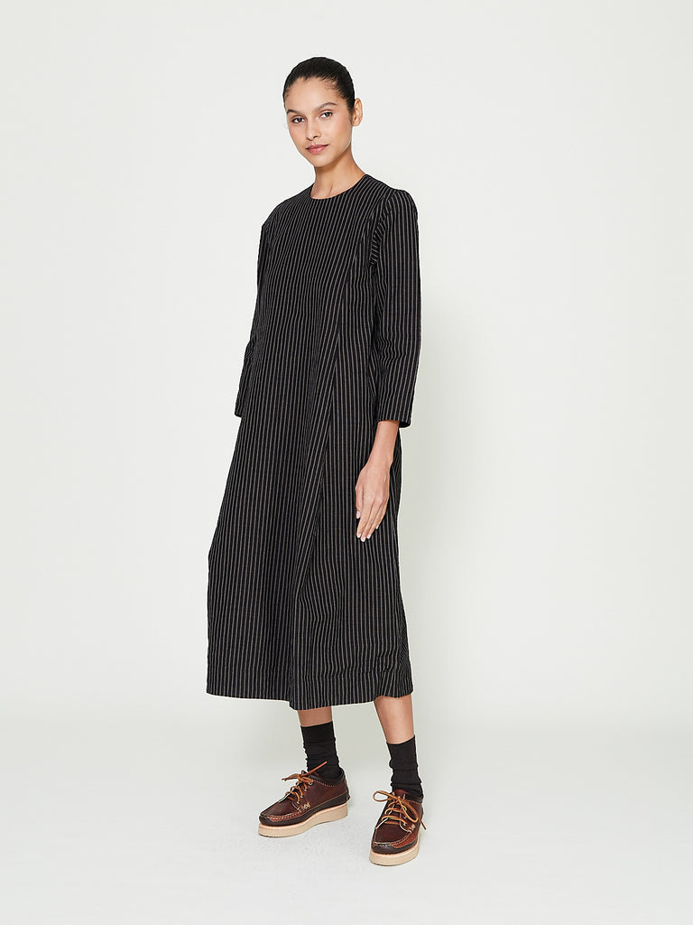 Unkruid - Inmo Dress in Black Brown Fine Striped Shirting