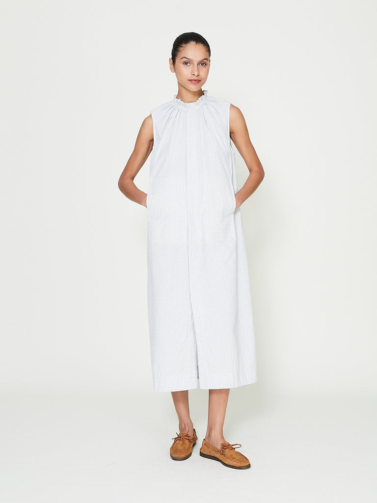 Unkruid - Smock Neck Dress in White/Light Blue Fine Tribal Check