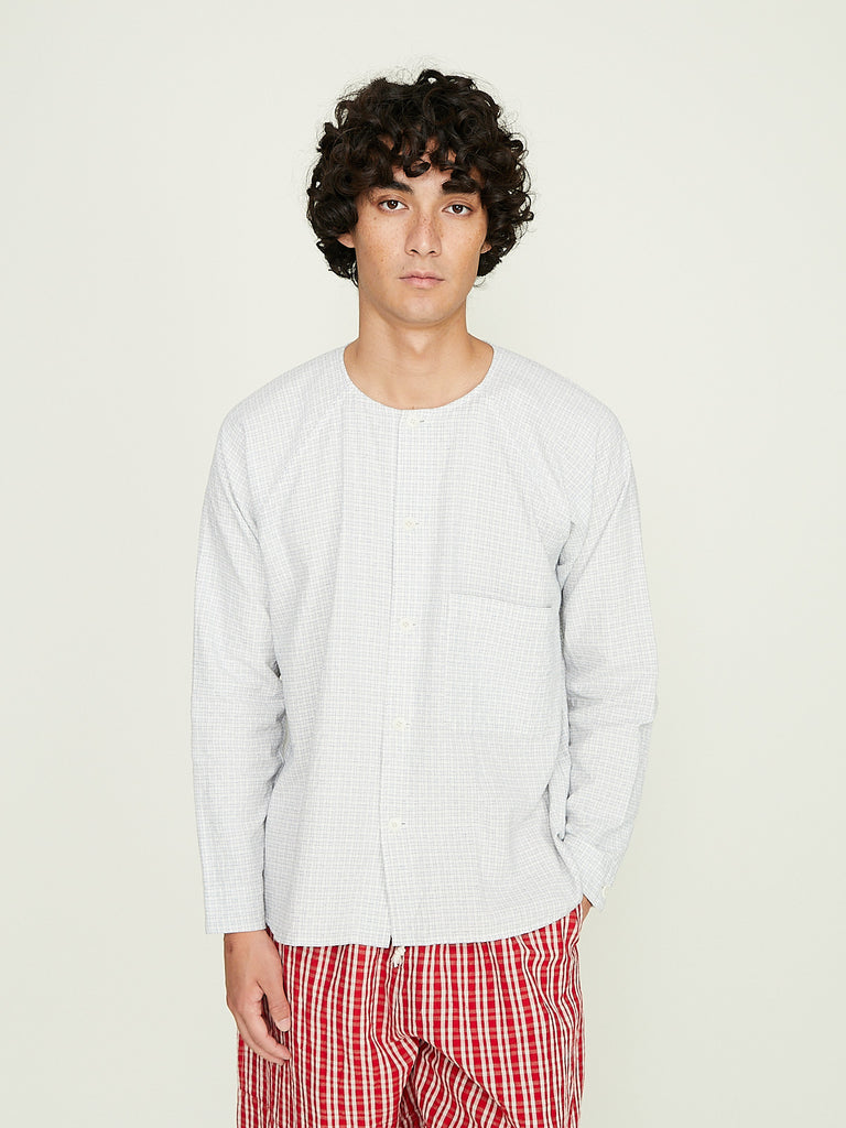 Unkruid - Writers Shirt in White/Light Blue Fine Tribal Check