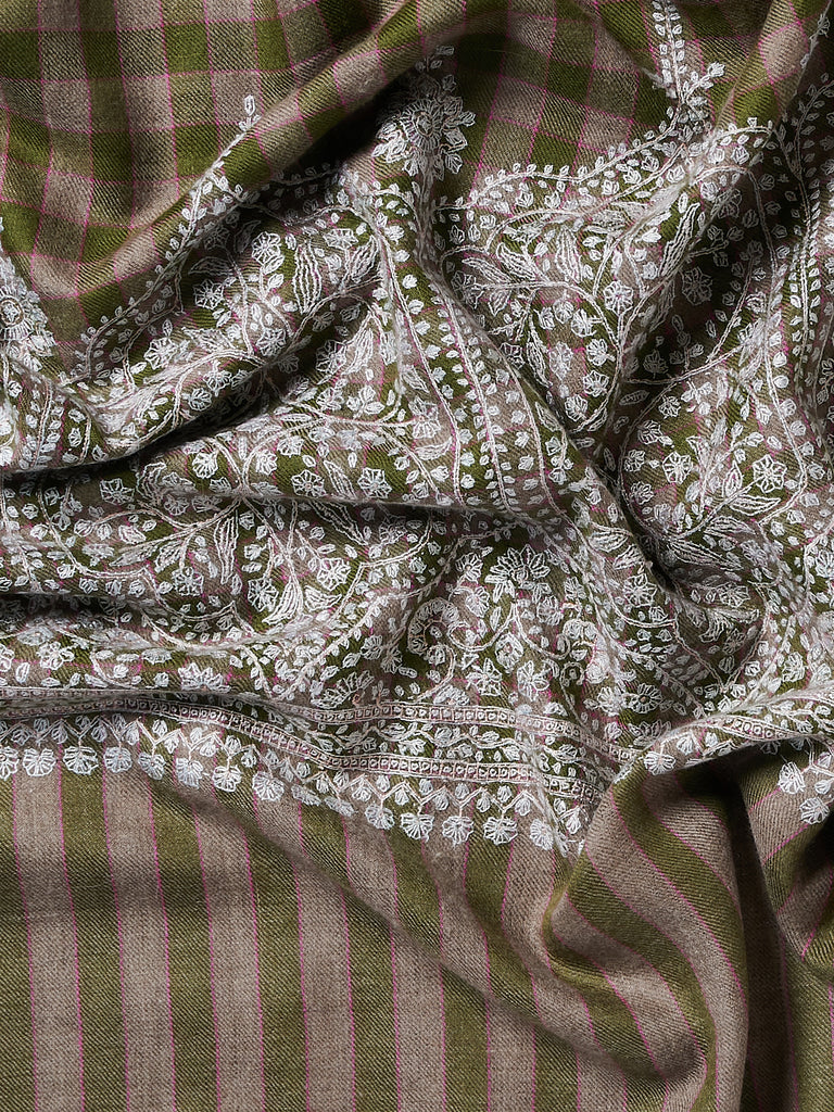 Yaser Shaw - Embroidered Pashmina Shawl in Olive/Taupe, Fuchsia Check with Lime Embroideries
