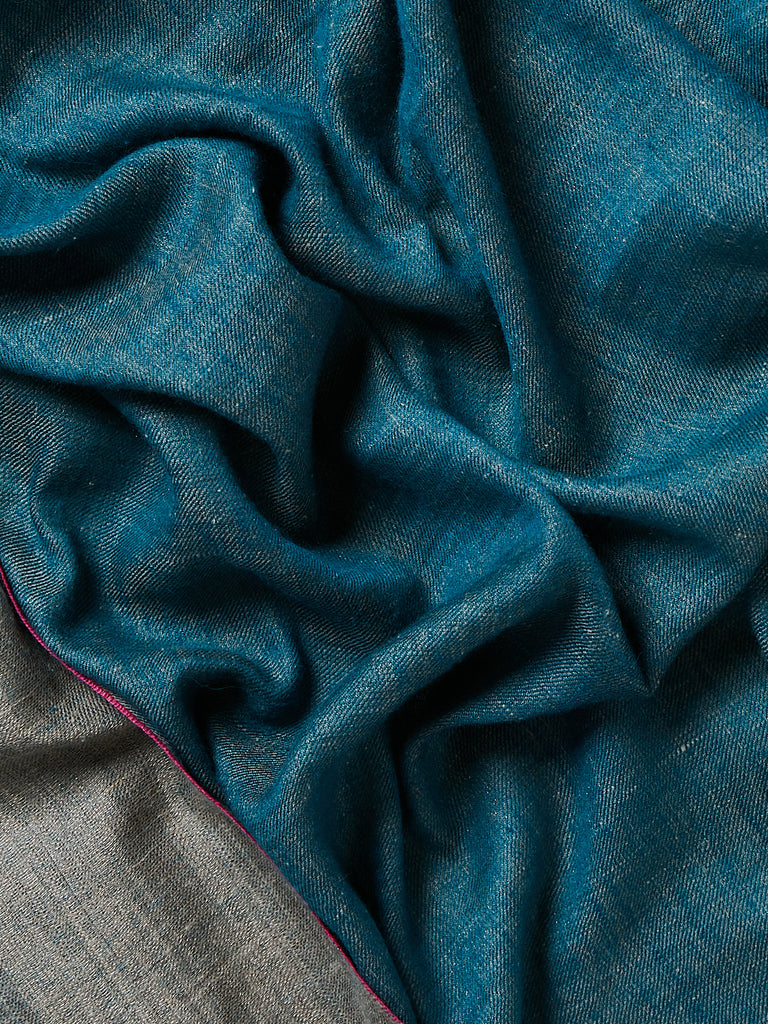 Yaser Shaw - Double Sided Pashmina Shawl in Ocean Blue/Natural with Zari (Gold Thread)