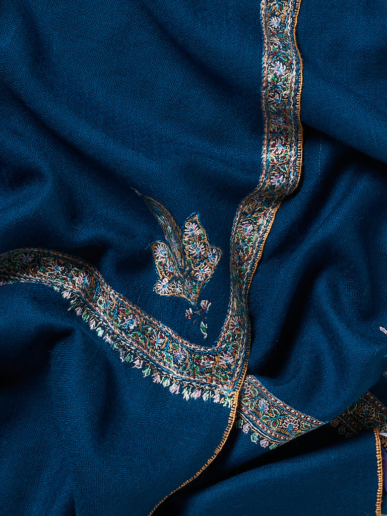 Yaser Shaw - Embroidered Pashmina Shawl in Teal with Bright Paisley Embroideries