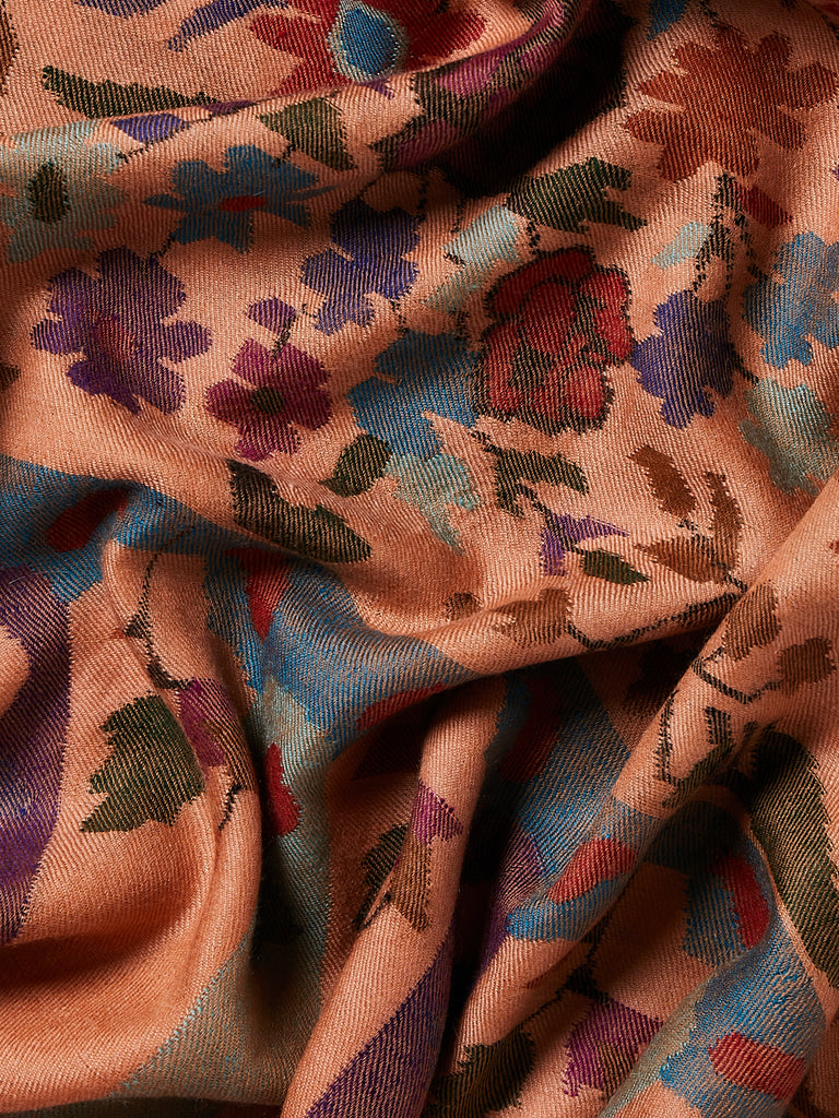 Yaser Shaw - Embroidered Pashmina Kani Shawl in Moroccan Peach, Blue and Purple
