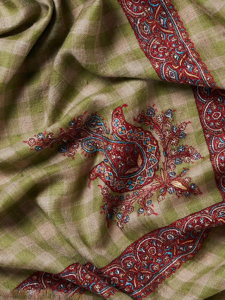 Yaser Shaw - Square Pashmina Shawl in Lime Green/Natural Gingham with Red Embroideries