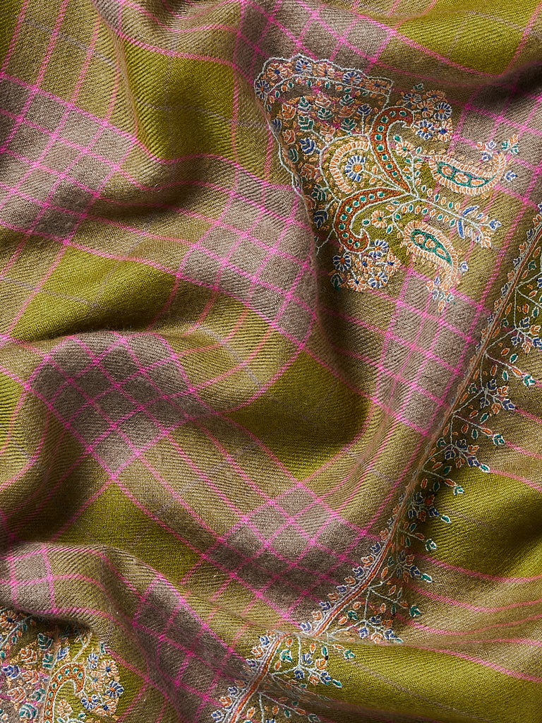 Yaser Shaw - Embroidered Pashmina Shawl in Lint/Pink Checks with Yellow Paisley Embroideries