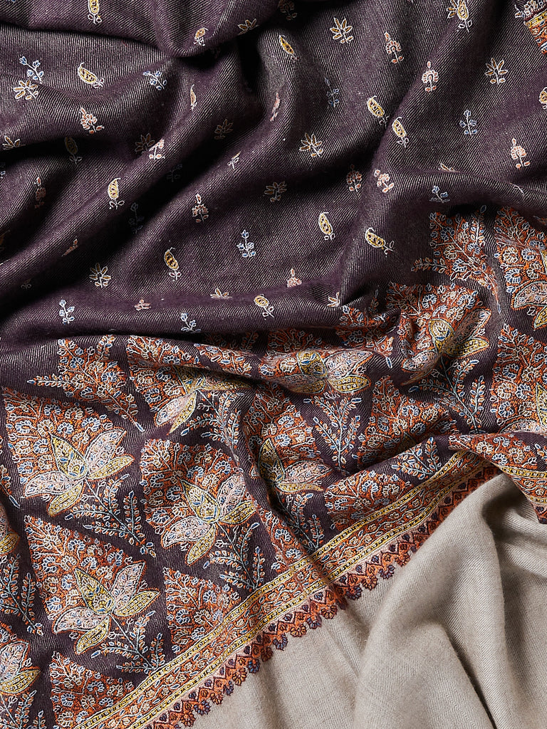 Yaser Shaw - Embroidered Pashmina Shawl in Violet/Beige with Orange Embroideries