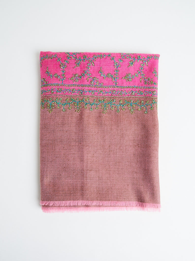 Yaser Shaw Embroidered Pashmina Shawl in Fuchsia, Copper and Green