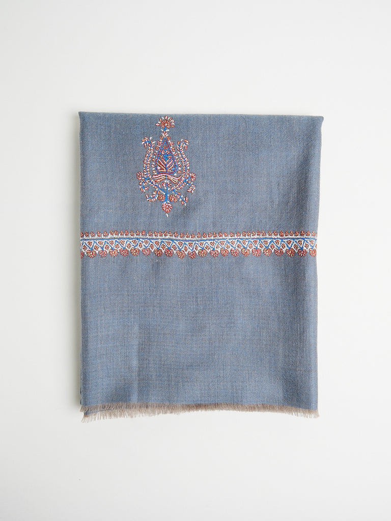 Yaser Shaw Embroidered Pashmina Shawl in Denim Blue/Grey with Red, White and Blue Embroideries