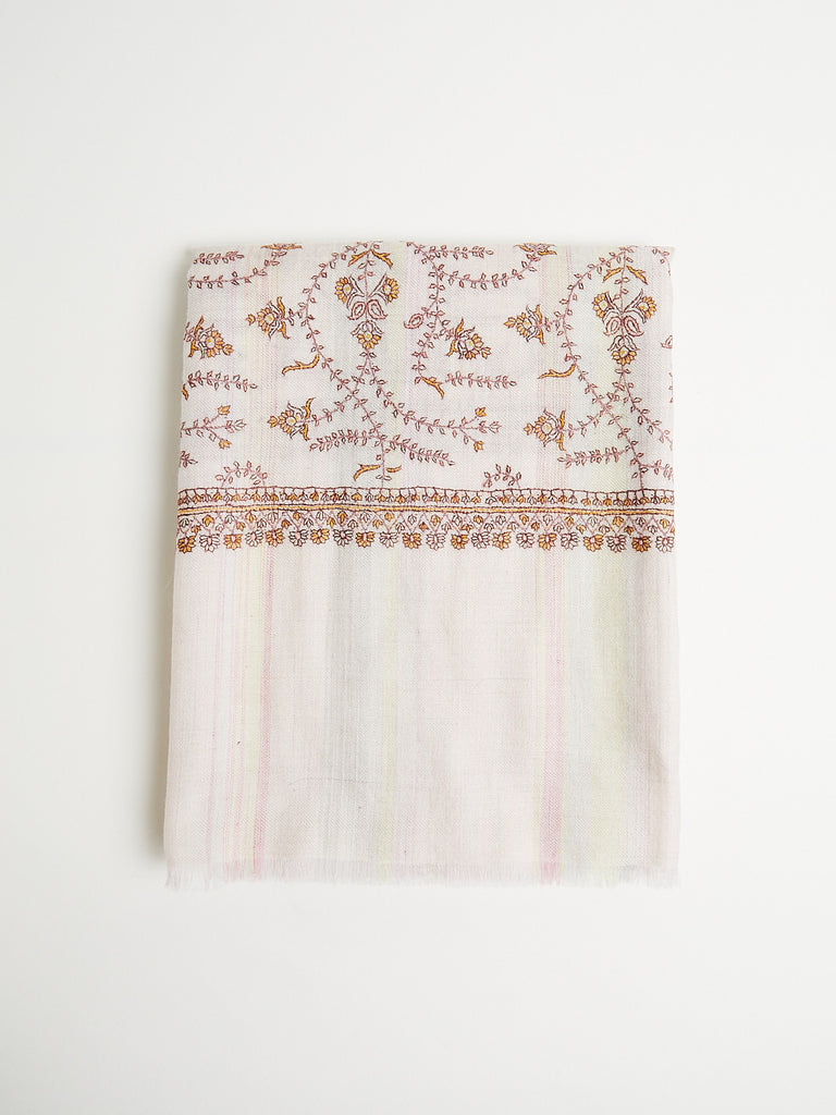 Yaser Shaw Embroidered Pashmina Shawl in Rainbow Cream with Maroon and Pastel Embroideries