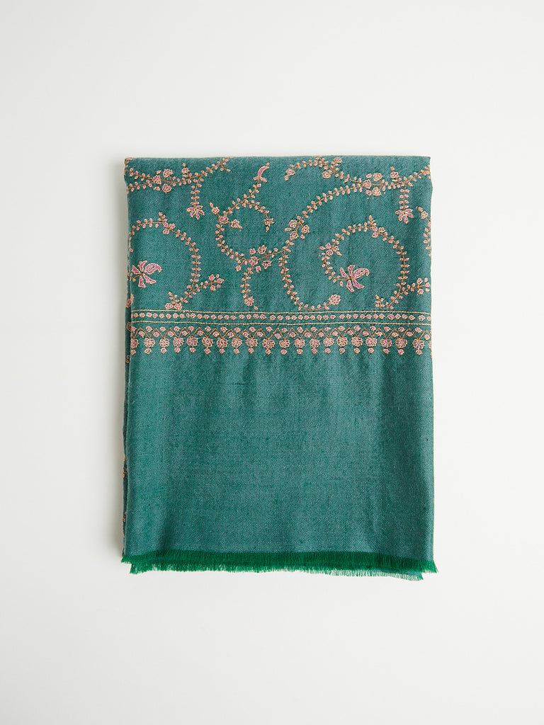 Yaser Shaw Embroidered Pashmina Shawl in Forest Green with Bright Pink and Orange Embroideries
