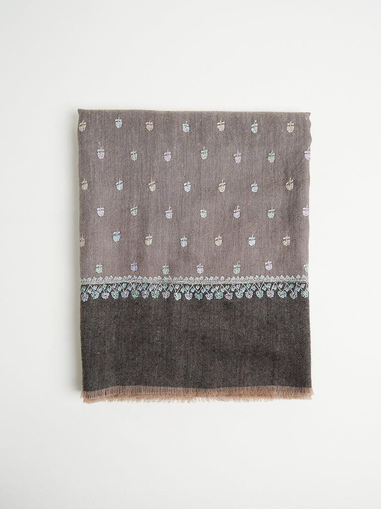 Yaser Shaw Embroidered Pashmina Shawl in Taupe and Dark Brown with Pastel Embroideries