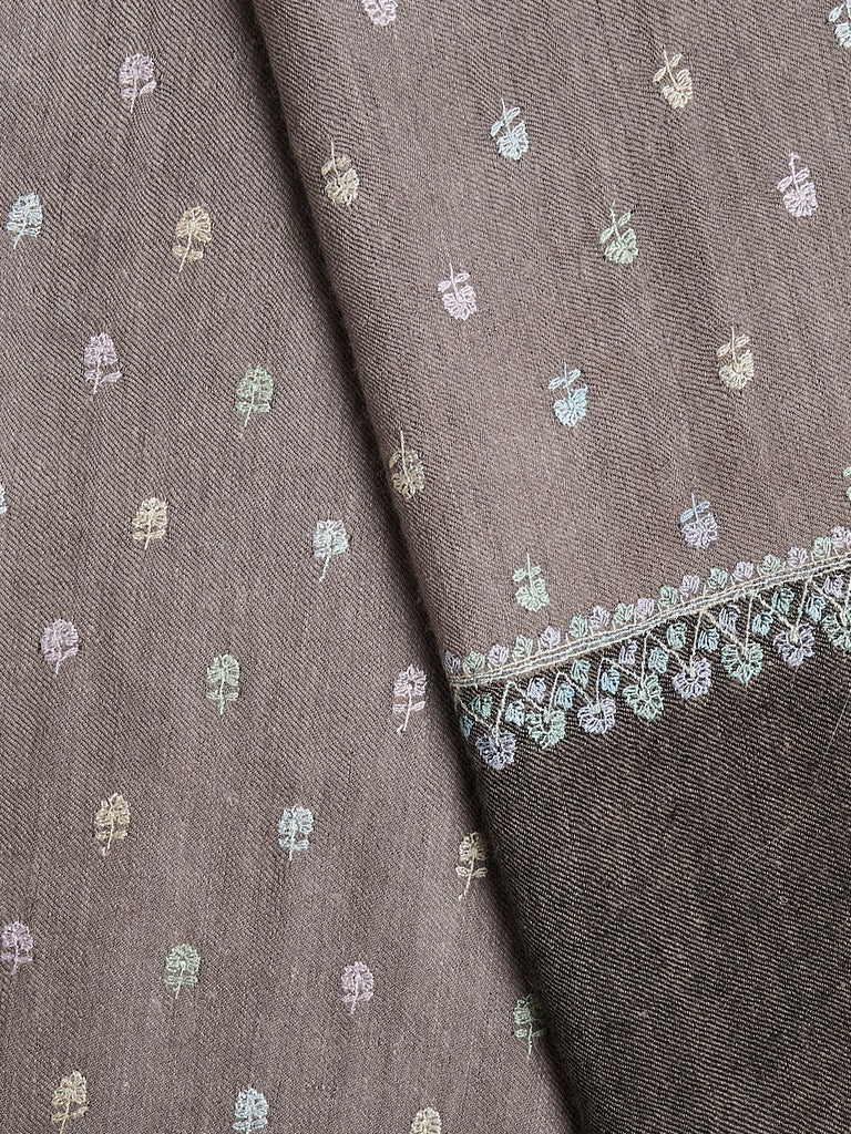 Yaser Shaw Embroidered Pashmina Shawl in Taupe and Dark Brown with Pastel Embroideries