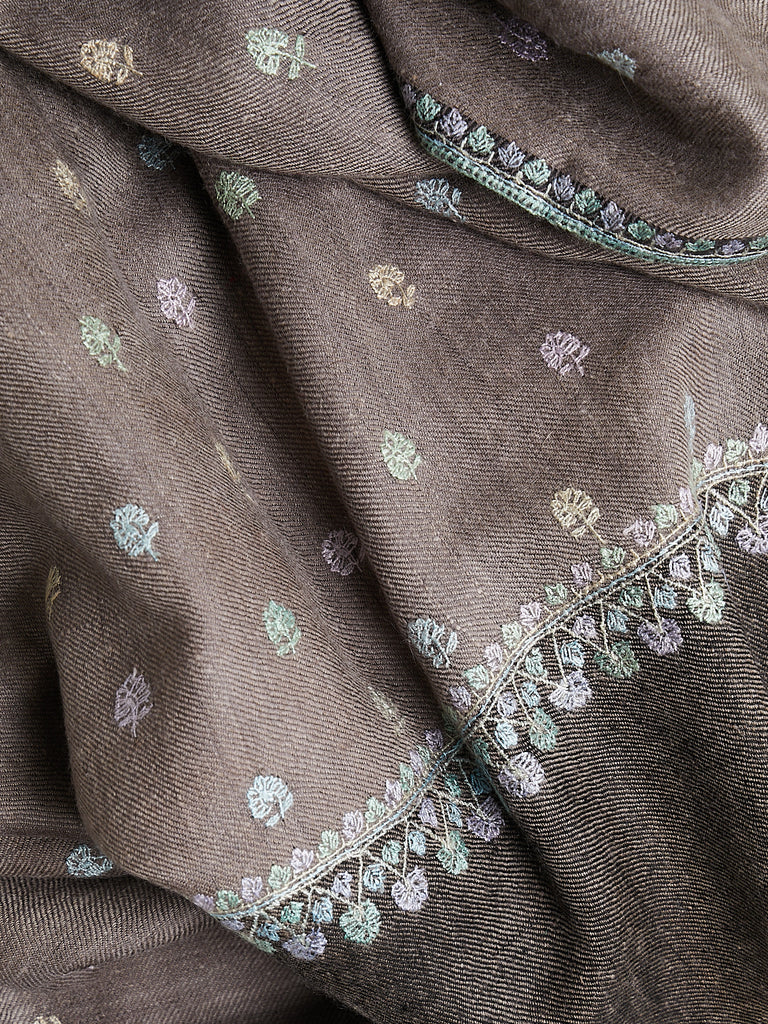 Yaser Shaw Embroidered Pashmina Shawl in Taupe and Dark Brown with Pastel Embroideries