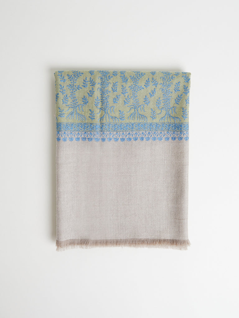 Yaser Shaw - Embroidered Pashmina Shawl in Beige and Moss Green with Blue Embroideries
