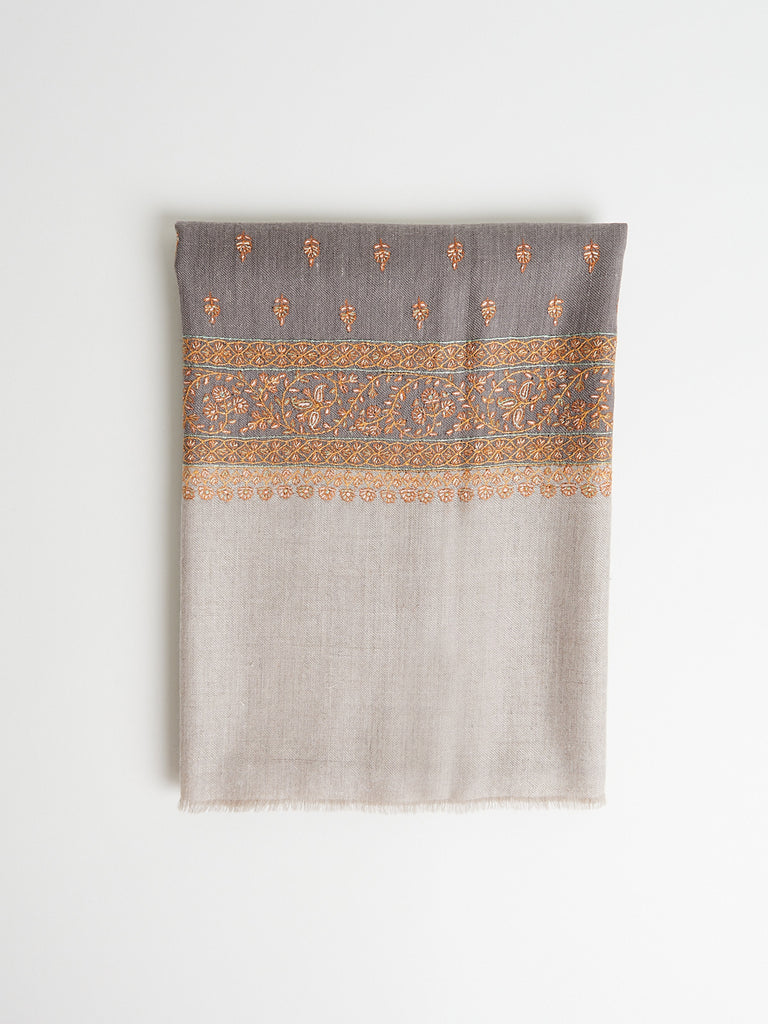 Yaser Shaw - Embroidered Pashmina Shawl in Dark Taupe with Orange and Pastel Embroideries