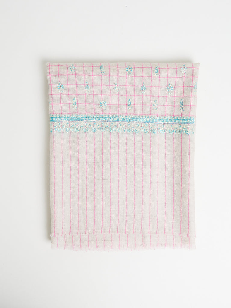 Yaser Shaw - Embroidered Pashmina Shawl in Pink Check, Off-White and Veraman