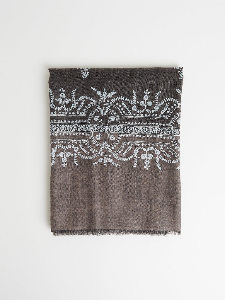 Yaser Shaw - Embroidered Pashmina Shawl in Dark Brown with Light Blue Embroideries