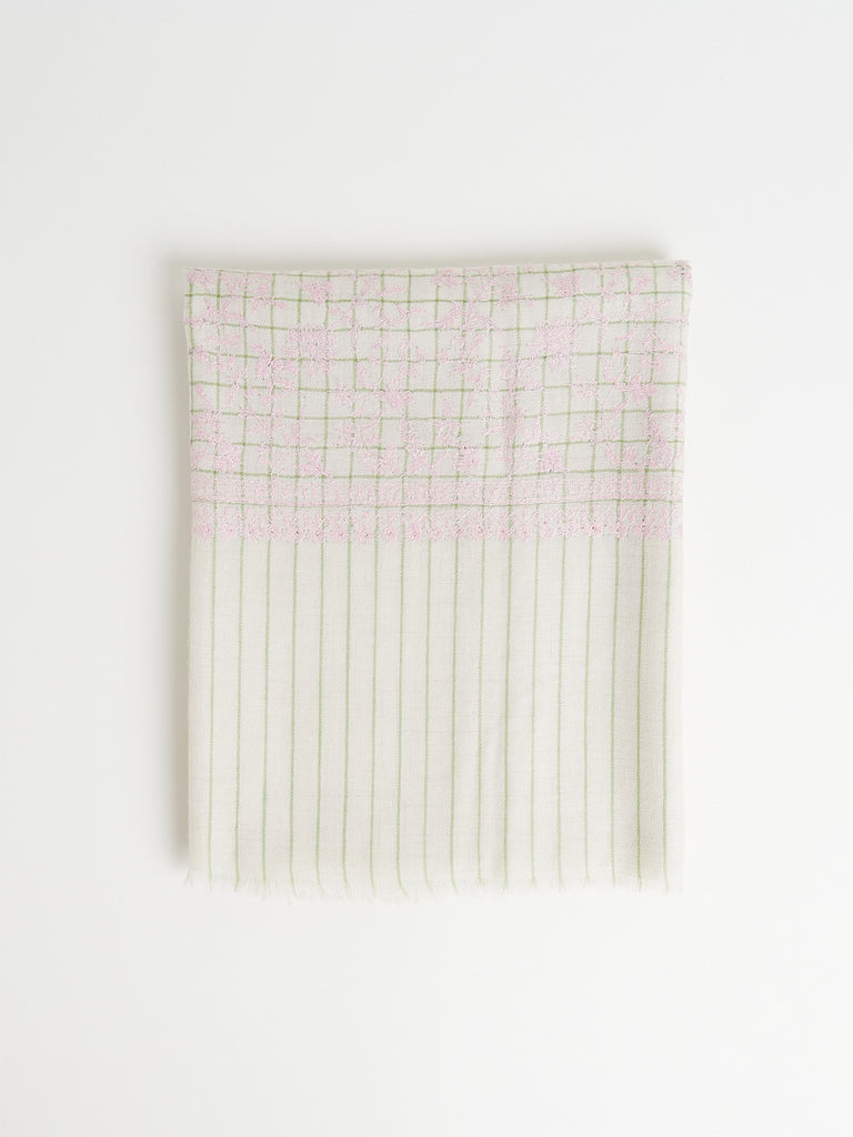 Yaser Shaw - Embroidered Pashmina Shawl in Cream and Green Check with Pink Embroideries