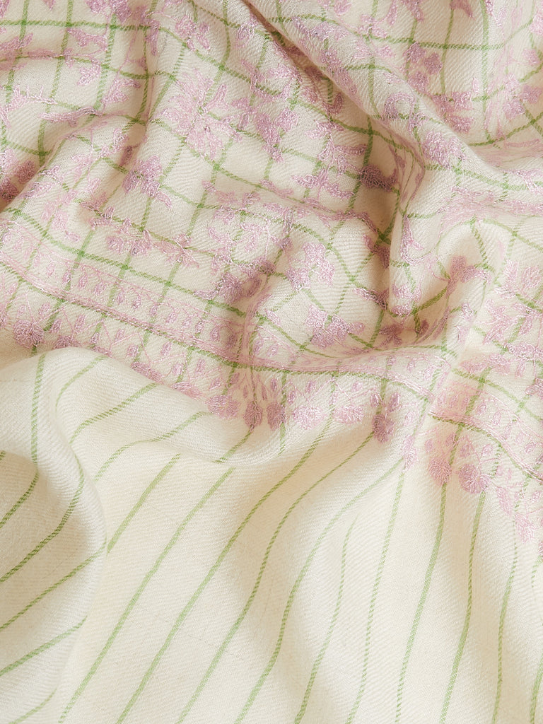 Yaser Shaw - Embroidered Pashmina Shawl in Cream and Green Check with Pink Embroideries