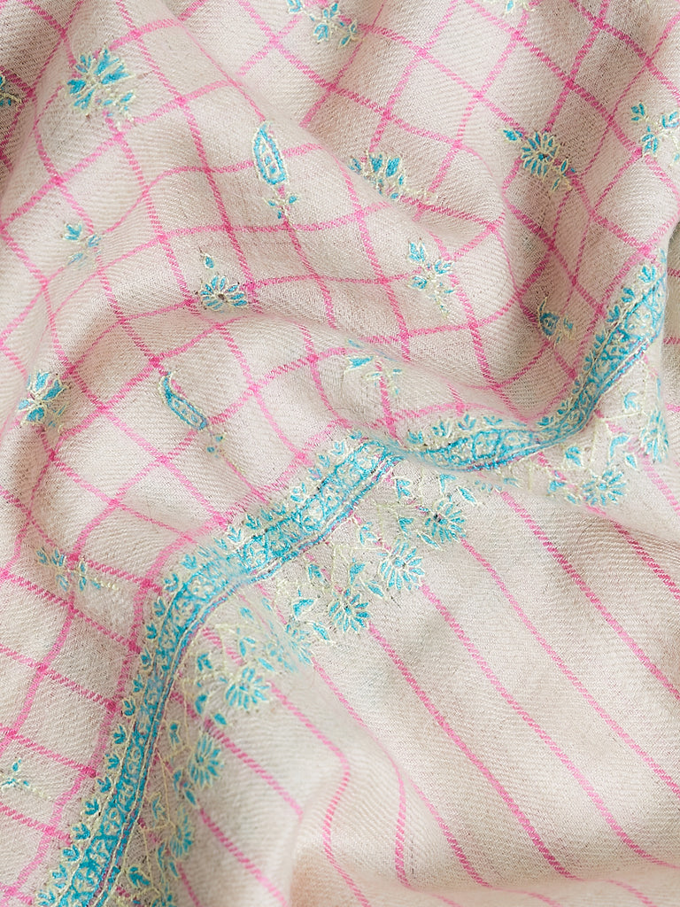 Yaser Shaw - Embroidered Pashmina Shawl in Pink Check, Off-White and Veraman