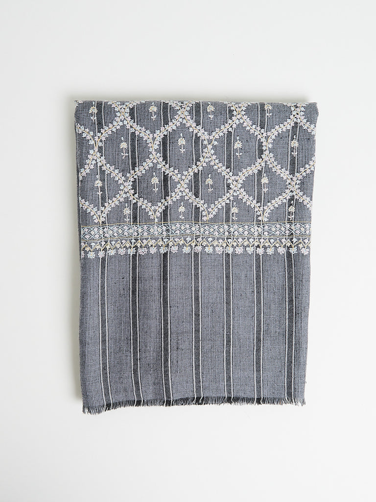 Yaser Shaw - Embroidered Pashmina Shawl in Grey Stripes with Pastel Embroideries