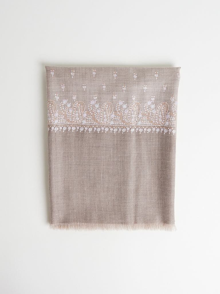 Yaser Shaw - Embroidered Pashmina Shawl in Beige and Light Brown with Pastel Embroideries