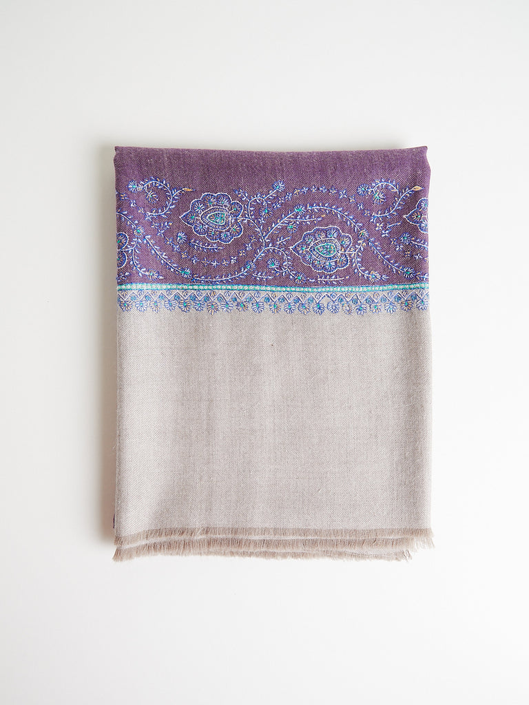 Yaser Shaw Embroidered Pashmina Shawl in Amethyst with Sky and Aquamarine