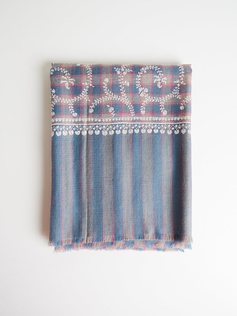 Yaser Shaw Embroidered Pashmina Shawl in Blue and Pink Check with White