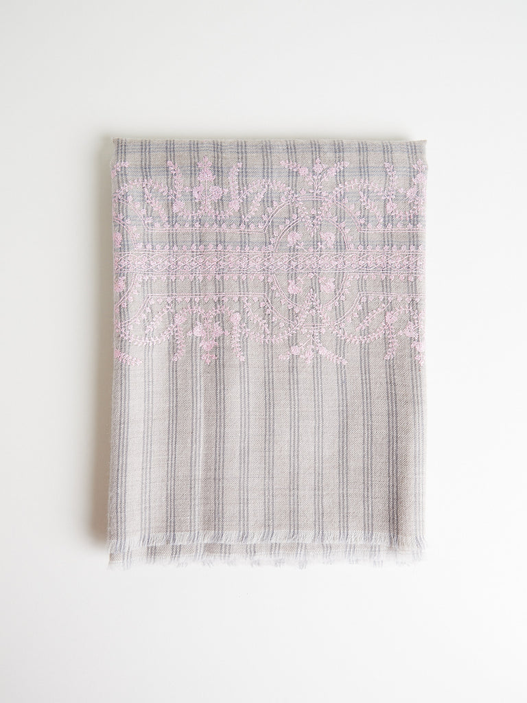 Yaser Shaw Embroidered Pashmina Shawl in Beige Check with Pink