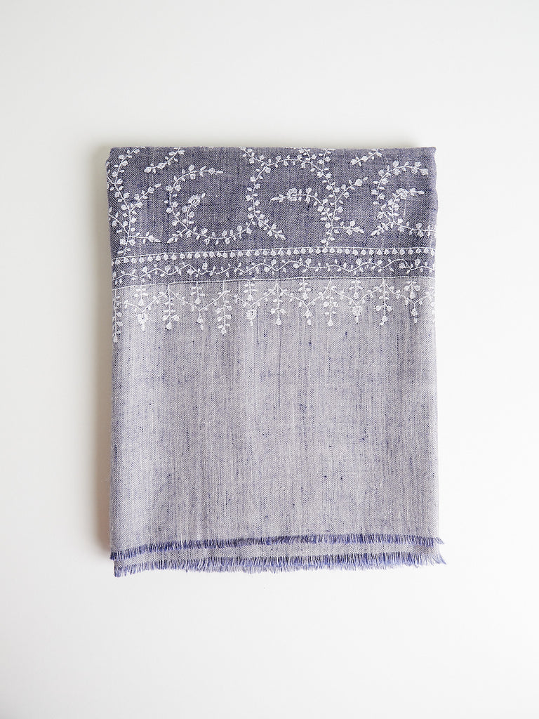 Yaser Shaw Embroidered Pashmina Shawl in Denim Blue and White