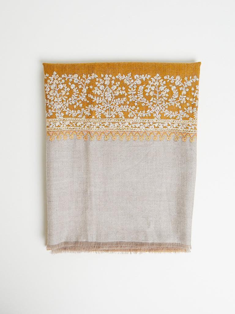 Yaser Shaw - Embroidered Pashmina Shawl in Mustard and Sand with Pastel Embroideries