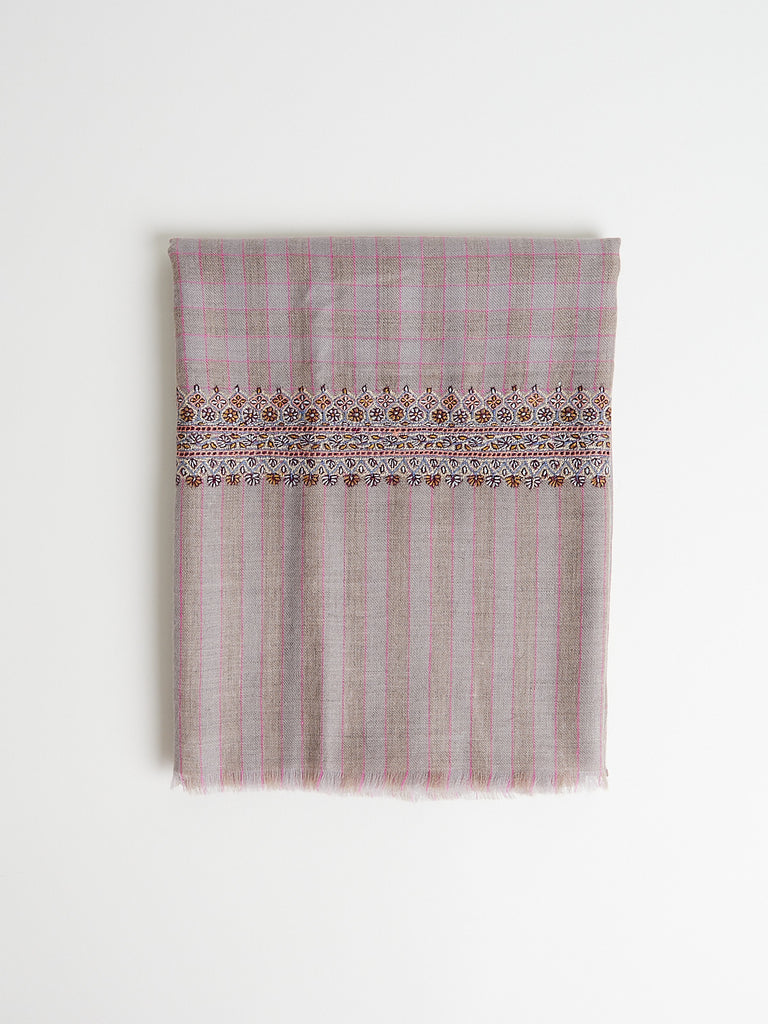 Yaser Shaw - Embroidered Pashmina Shawl in Beige/Grey with Fuchsia Check and Paisley Embroideries