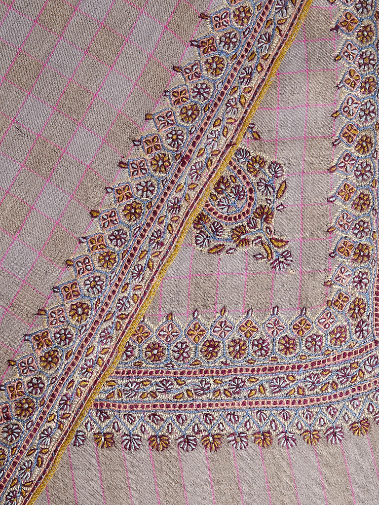 Yaser Shaw - Embroidered Pashmina Shawl in Beige/Grey with Fuchsia Check and Paisley Embroideries