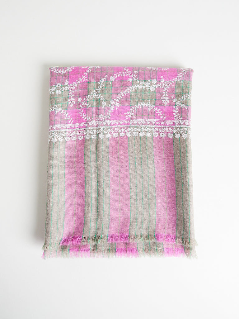 Yaser Shaw Embroidered Pashmina Shawl in Pink, Natural and Green Check