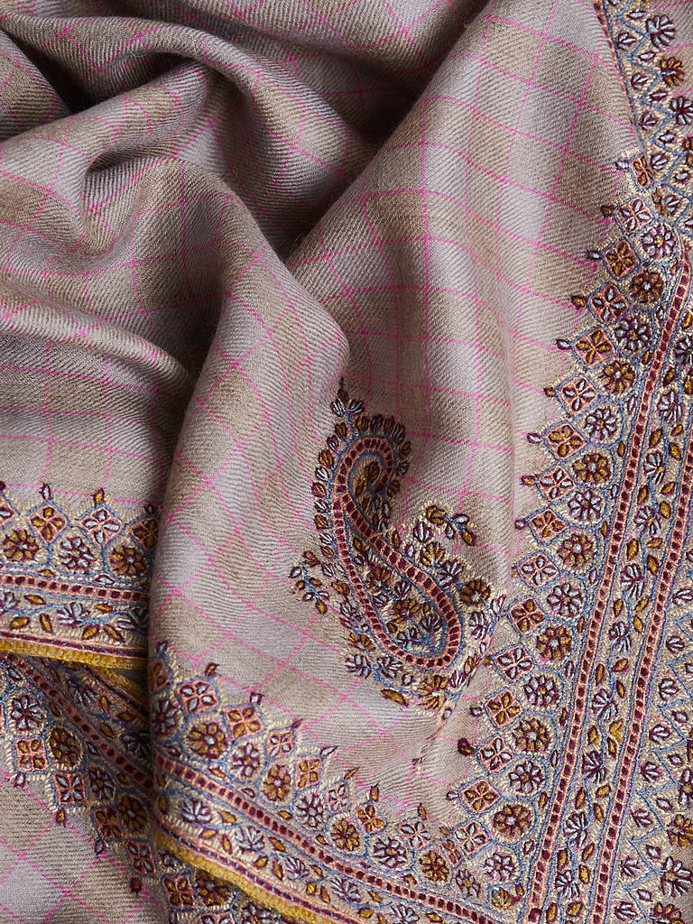 Yaser Shaw - Embroidered Pashmina Shawl in Beige/Grey with Fuchsia Check and Paisley Embroideries