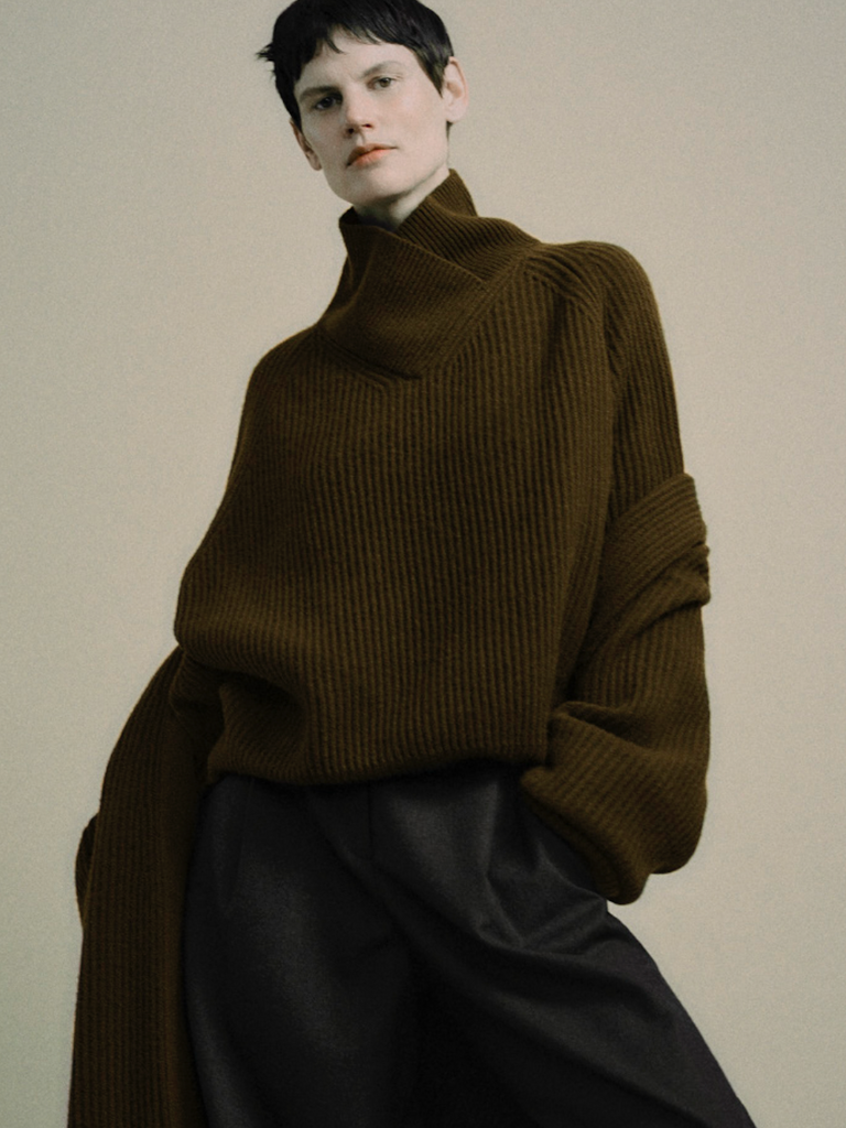 Dusan - High Crossed Neck Sweater in Moss