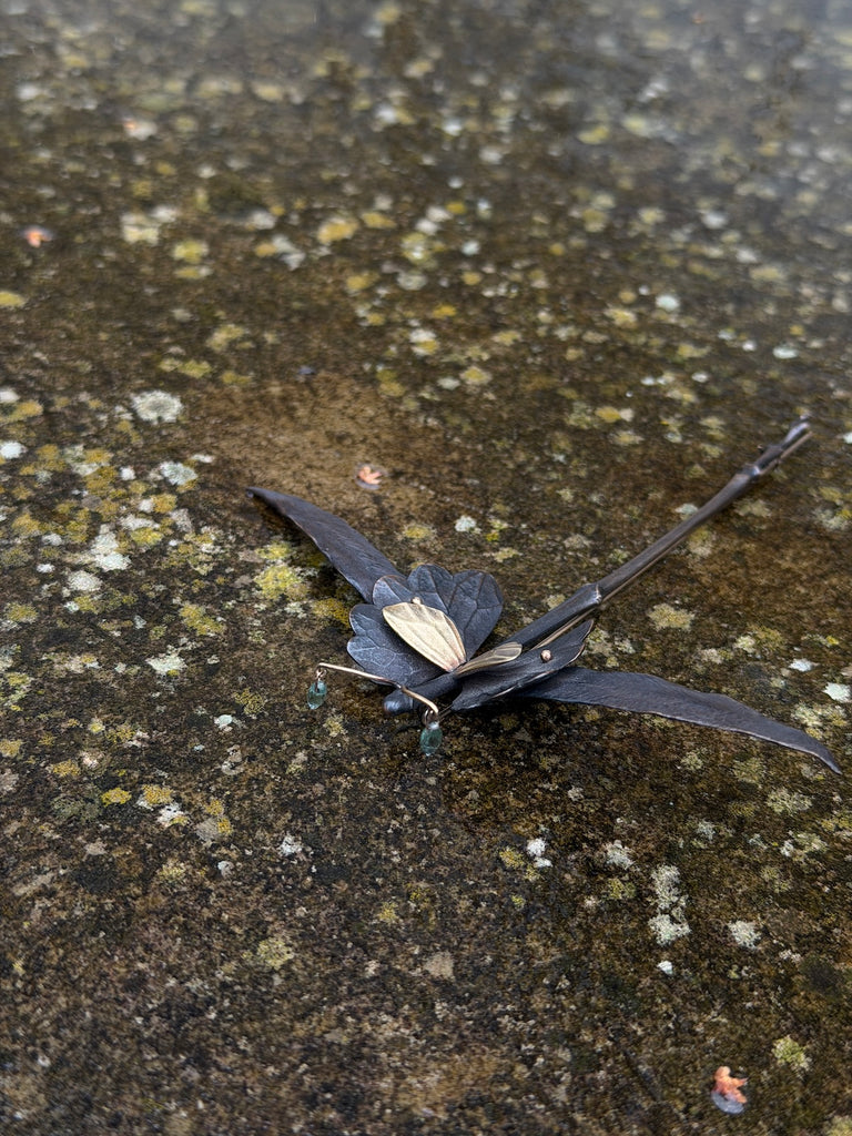 Gabriella Kiss - One Off Dragonfly Brooch in Bronze, 18k & 14k Yellow Gold with Tourmaline Drops