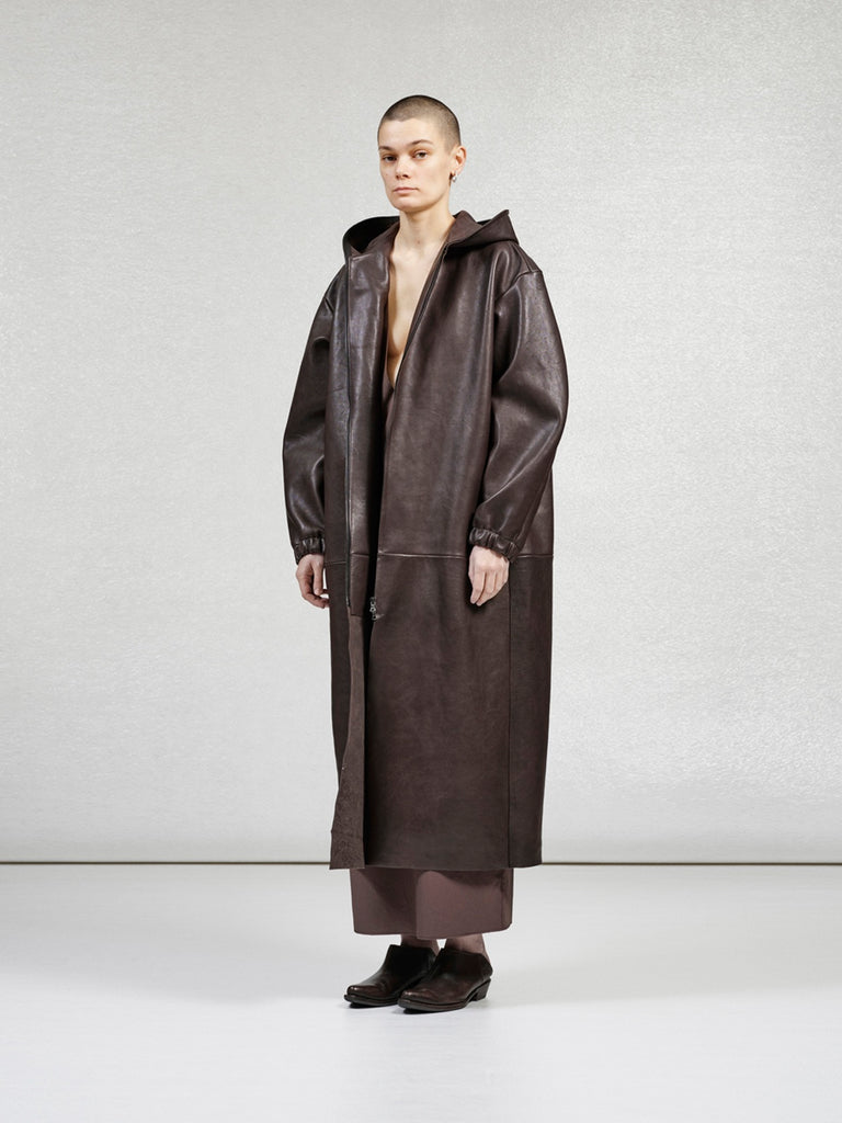 Gabriela Coll Garments - No. 275 Leather Hooded Zipper Coat in Brown