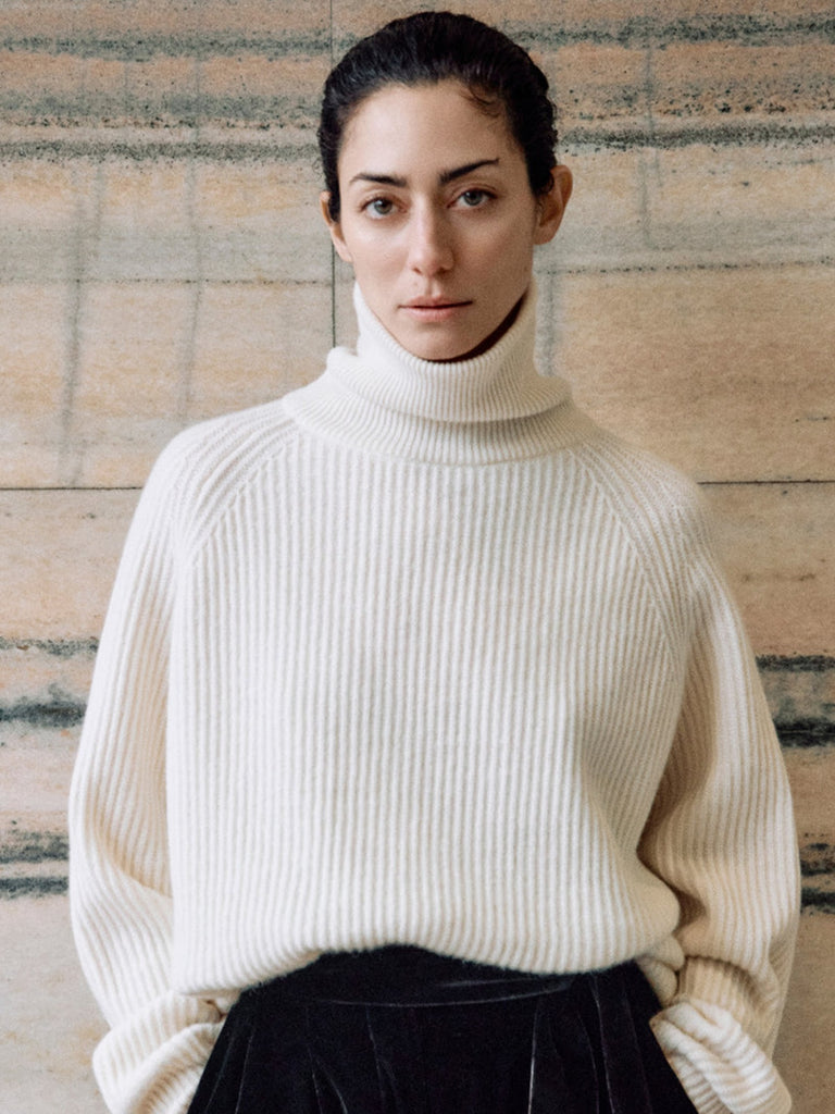 Dusan - T-Neck Ribbed Raglan Sweater in Bone