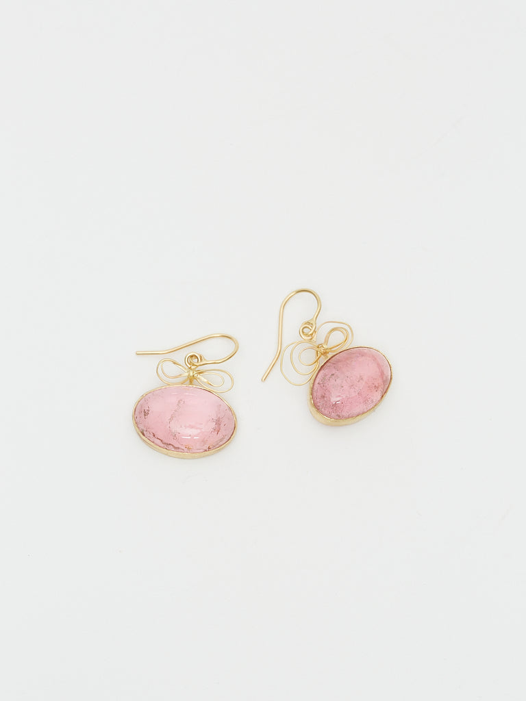 Judy Geib 28 Carats of Pink Tourmaline Cabochons Set in Single Drop Earrings with Bow Tops in 18k Yellow Gold