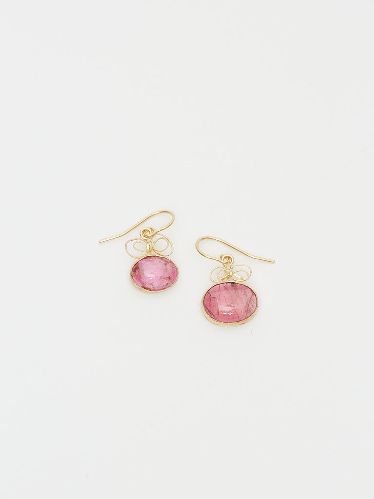Judy Geib 10.16 Carats of Pink Tourmaline Cabochons Set in Single Drop Earrings with Bow Tops in 18k Yellow Gold