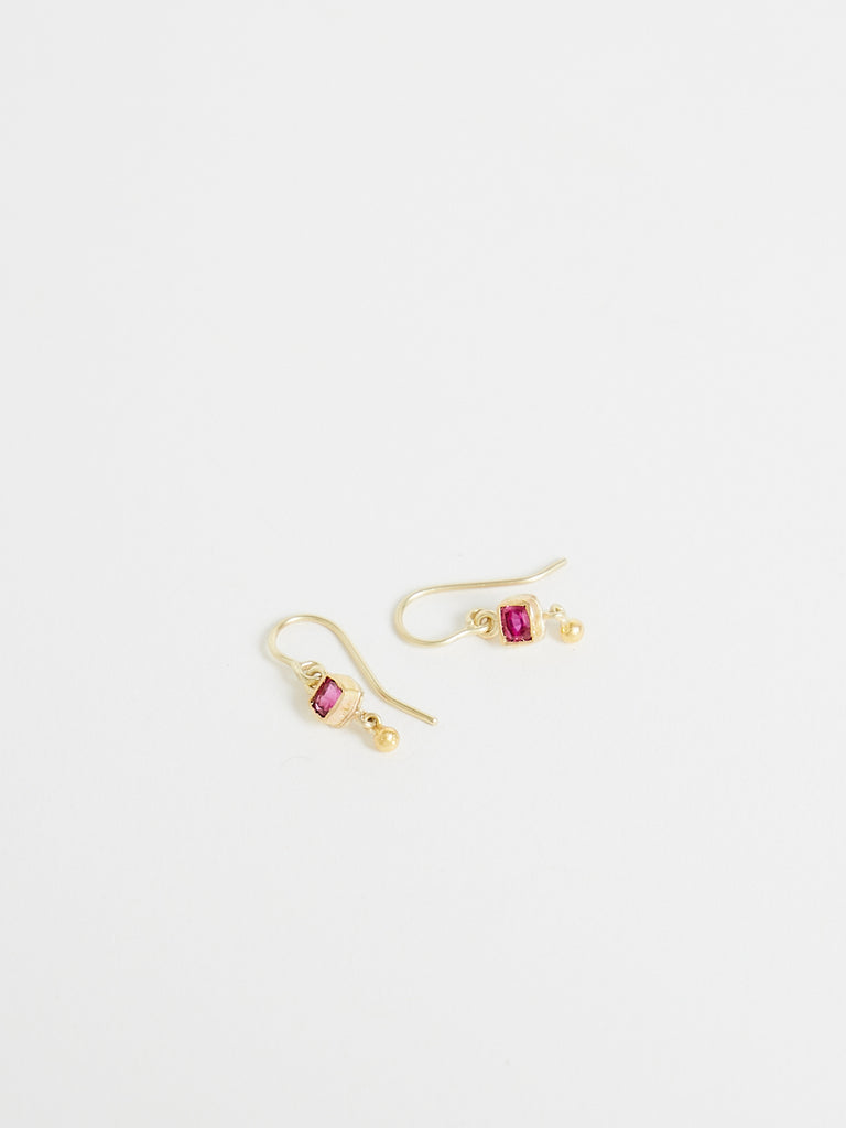 Judy Geib Tiny Beautiful Cushion Cut Ruby Earrings with 22k Yellow Gold Ball Drop in 18k