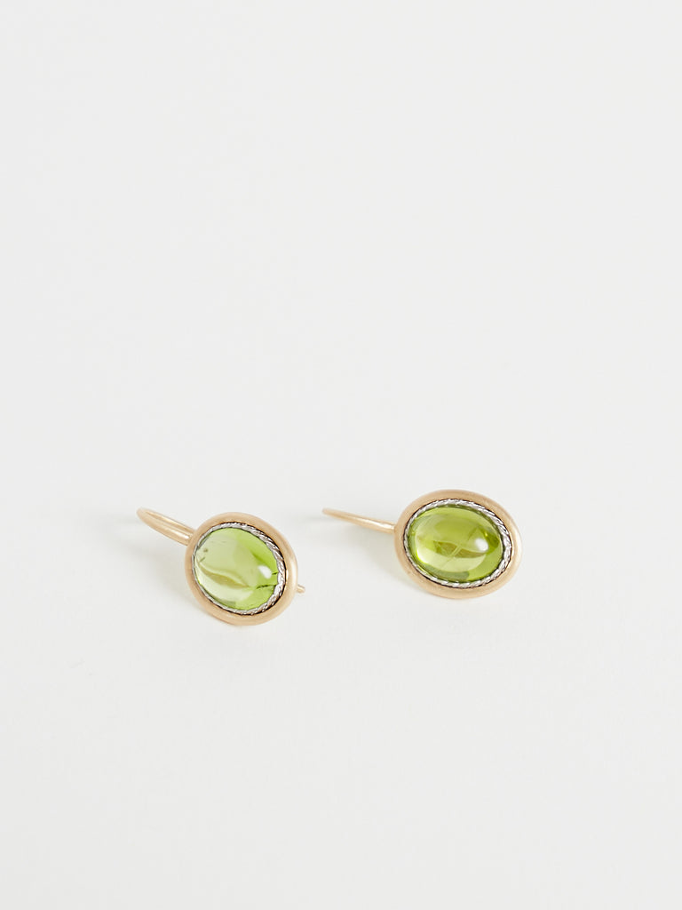 Nikolle Radi Oval 10x8mm Peridot Cabachon Earrings in 18k Yellow Gold and Platinum